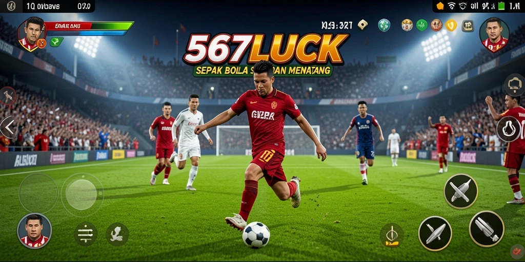 Tangkapan layar gameplay 567LUCK dengan aksi seru di lapangan sepak bola.
