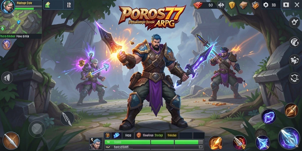 Tangkapan layar POROS77 menunjukkan karakter beraksi dalam pertempuran ARPG yang intens.