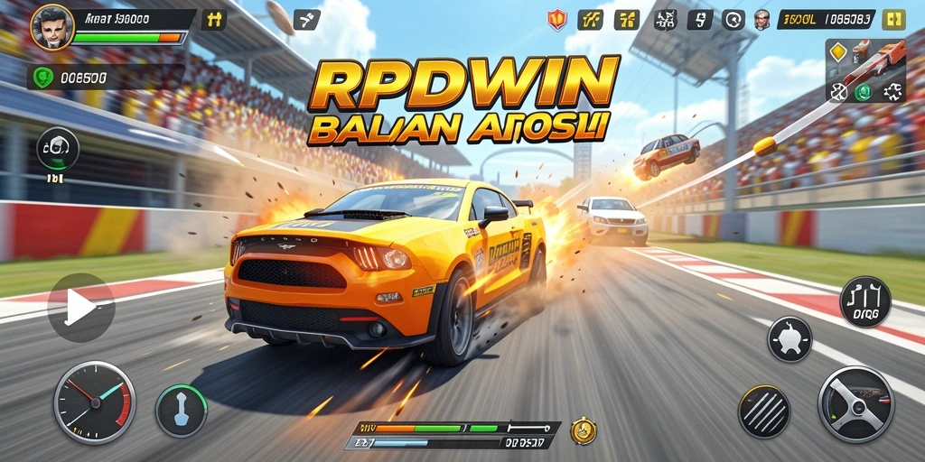 Tampilan gameplay RPIDWIN dengan mobil balap di lintasan.