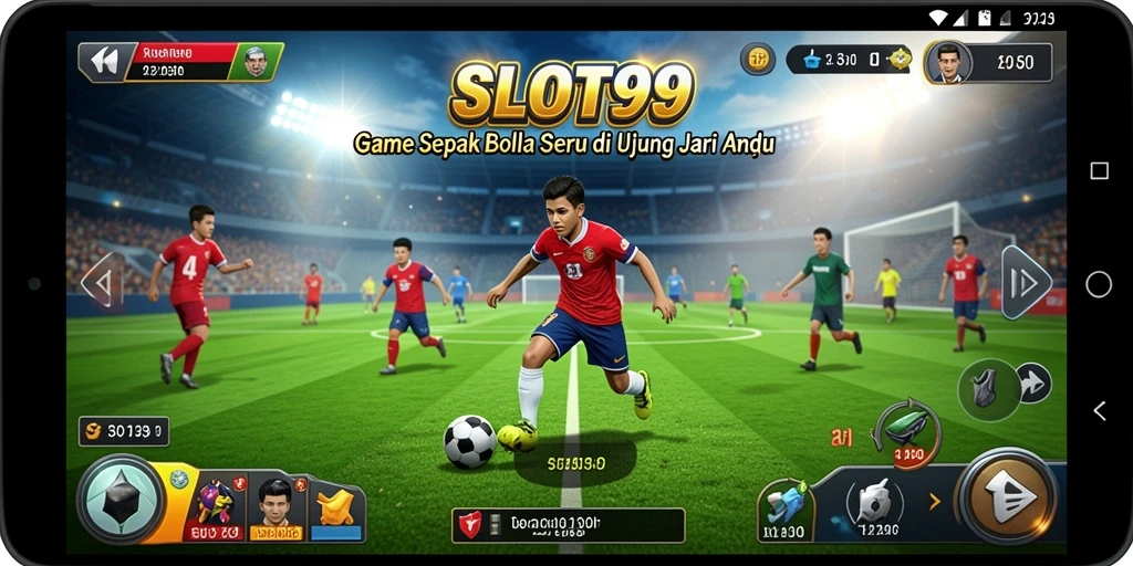 Screenshot dari gameplay SLOT99 yang menampilkan aksi sepak bola yang seru.