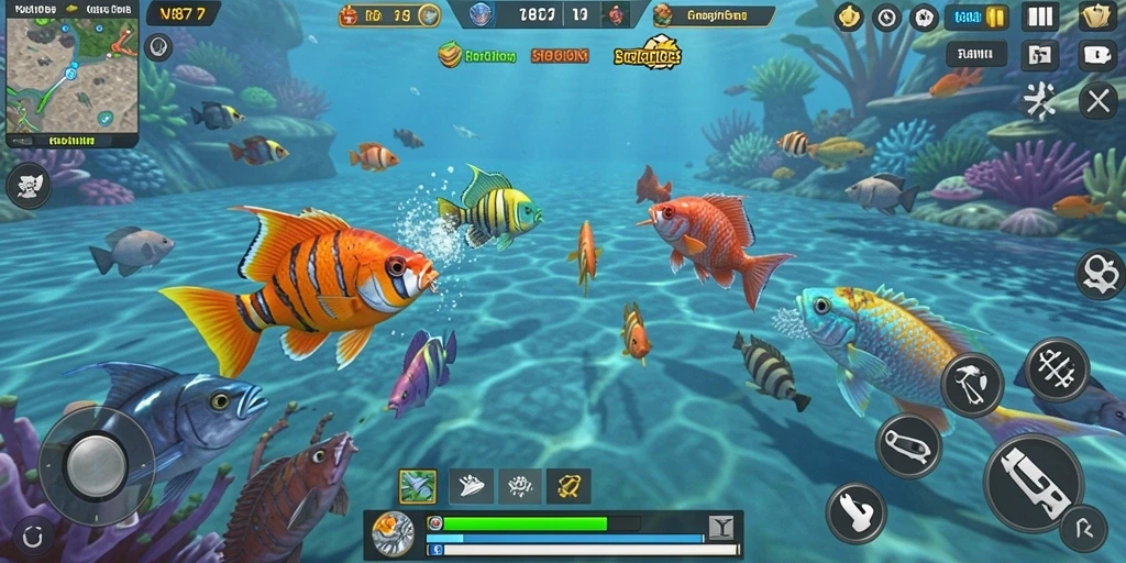 Tampilan gameplay V87 yang menampilkan aksi menembak ikan yang seru.